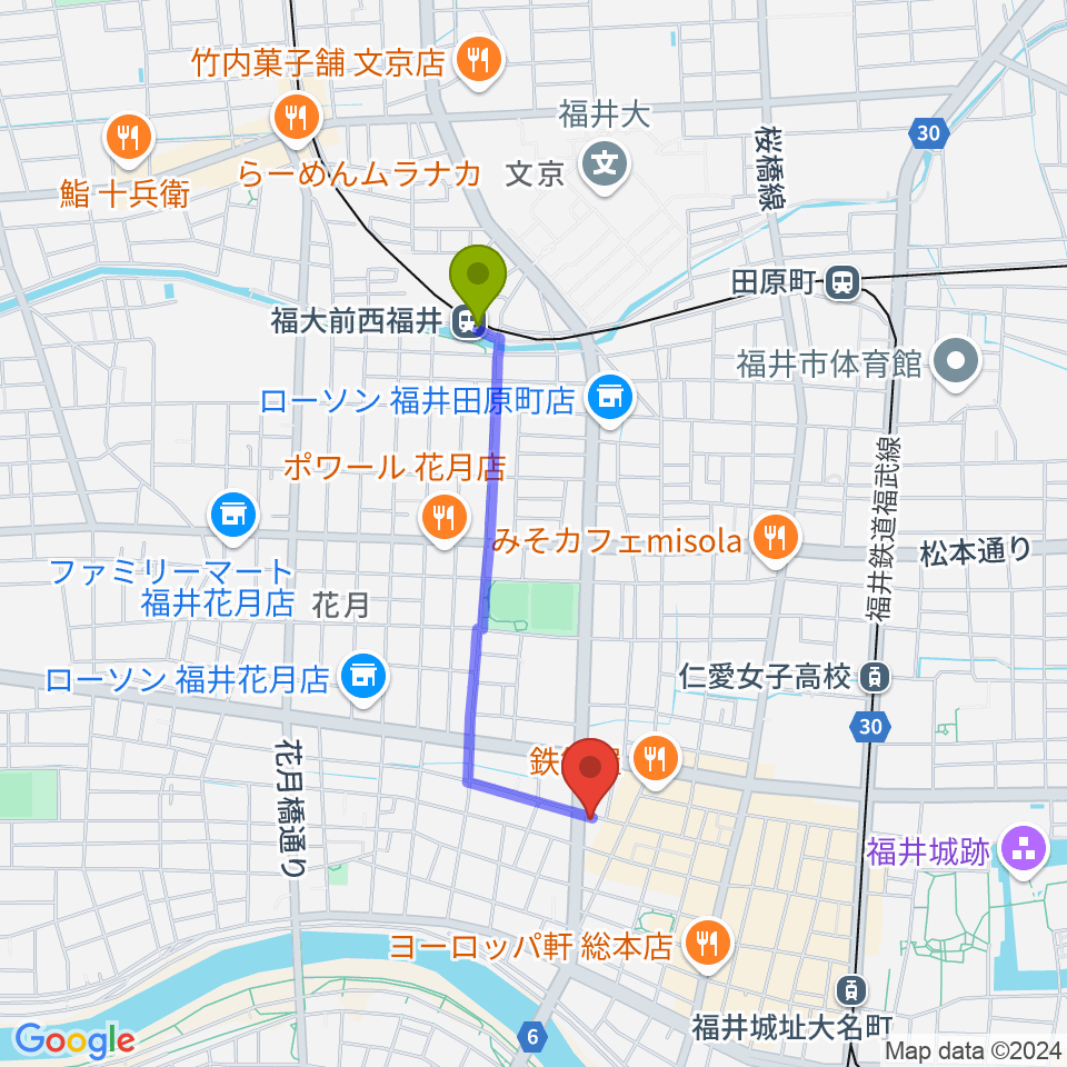 福大前西福井駅から福井JUNK FABへのルートマップ地図