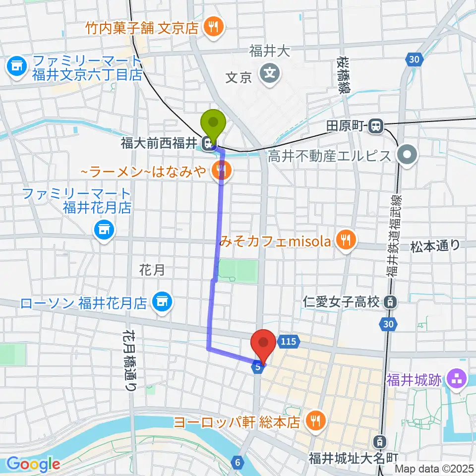 福大前西福井駅から福井JUNK FABへのルートマップ地図