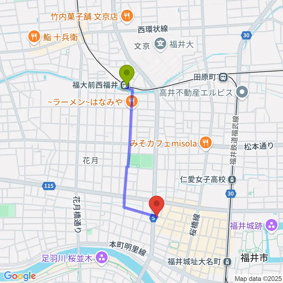 福大前西福井駅から福井JUNK FABへのルートマップ地図