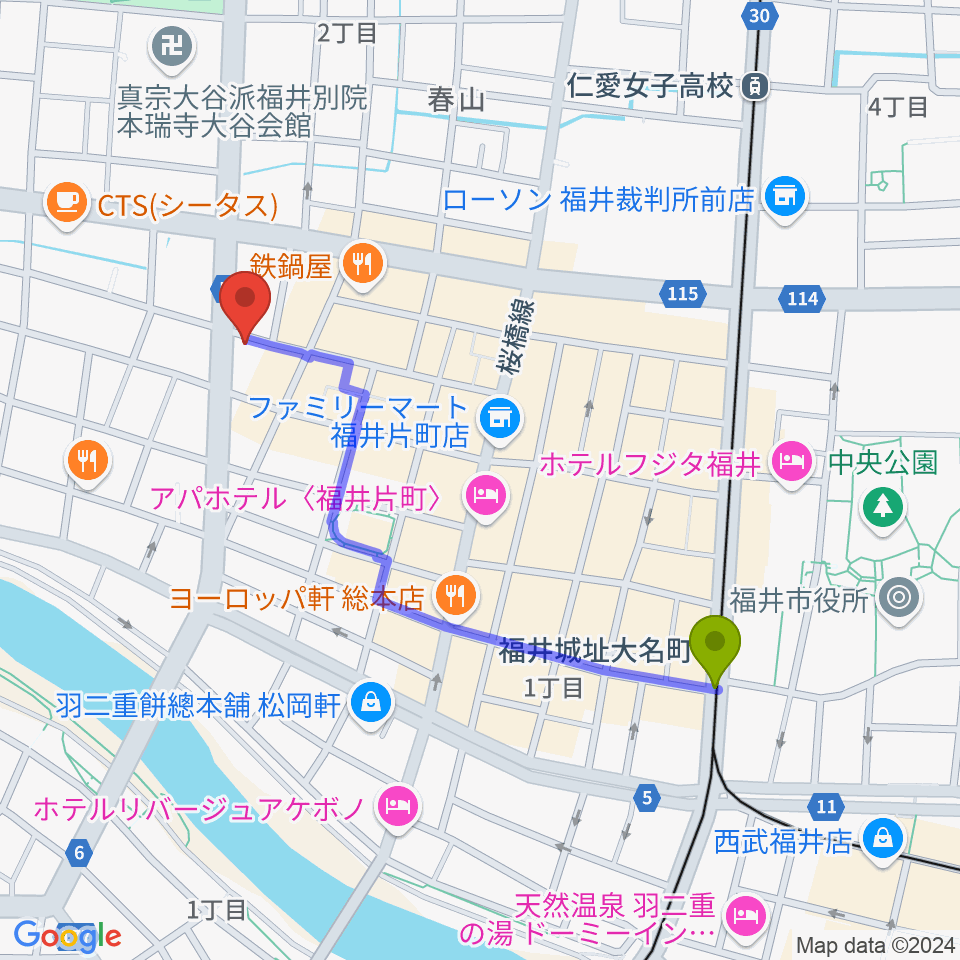 福井JUNK FABの最寄駅福井城址大名町駅からの徒歩ルート（約9分）地図