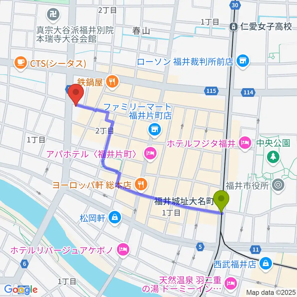 福井JUNK FABの最寄駅福井城址大名町駅からの徒歩ルート（約9分）地図