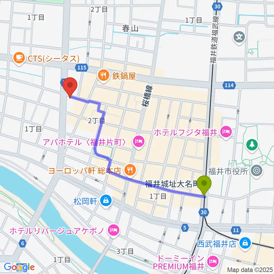 福井JUNK FABの最寄駅福井城址大名町駅からの徒歩ルート（約9分）地図