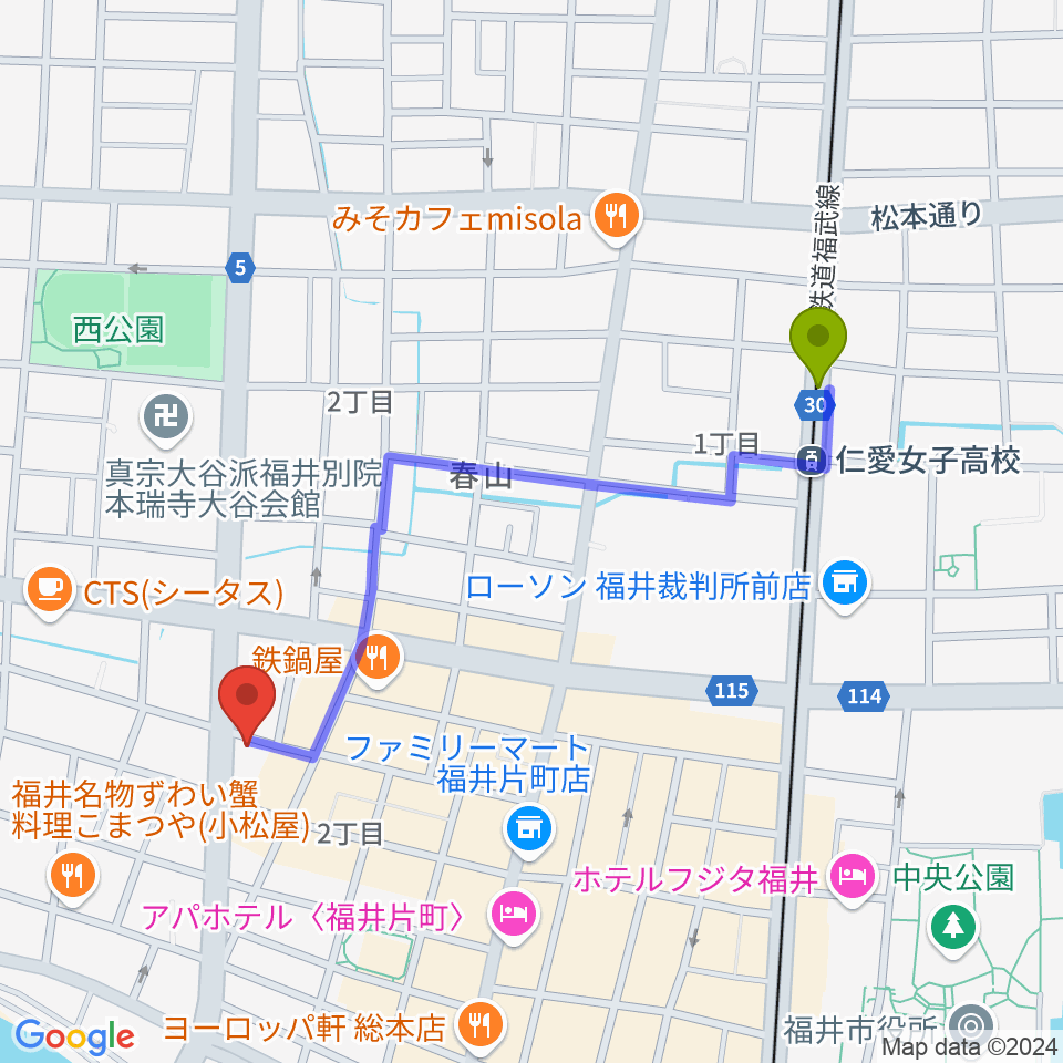 仁愛女子高校駅から福井JUNK FABへのルートマップ地図