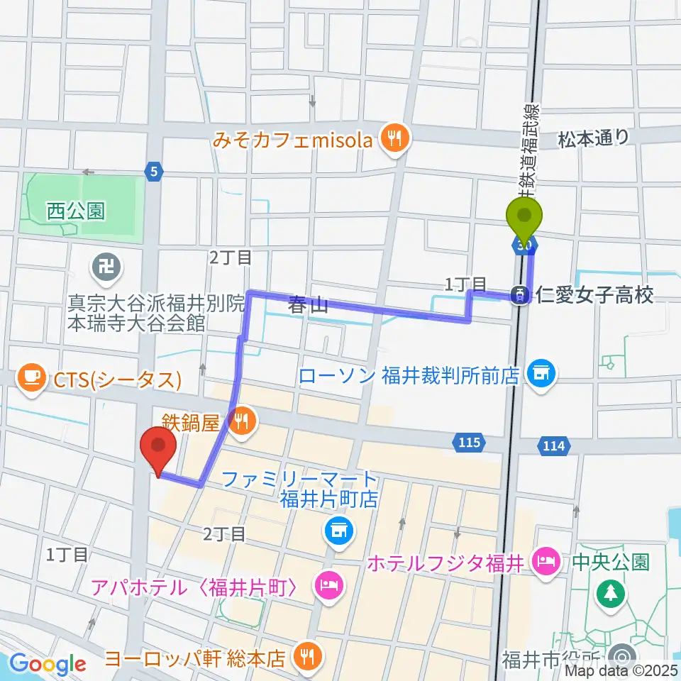 仁愛女子高校駅から福井JUNK FABへのルートマップ地図