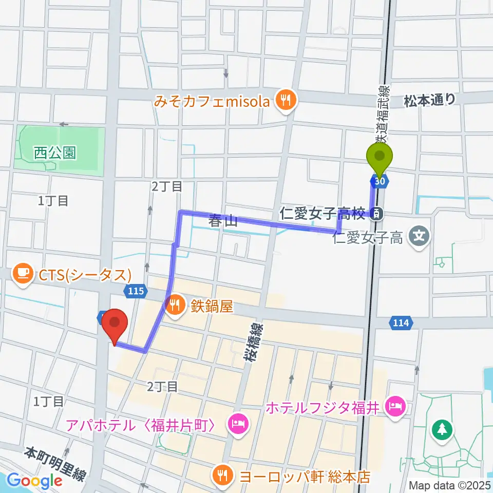 仁愛女子高校駅から福井JUNK FABへのルートマップ地図