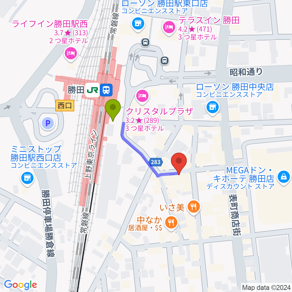 勝田ストーミーマンデーの最寄駅勝田駅からの徒歩ルート（約2分）地図