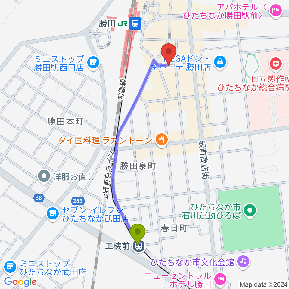 工機前駅から勝田ストーミーマンデーへのルートマップ地図