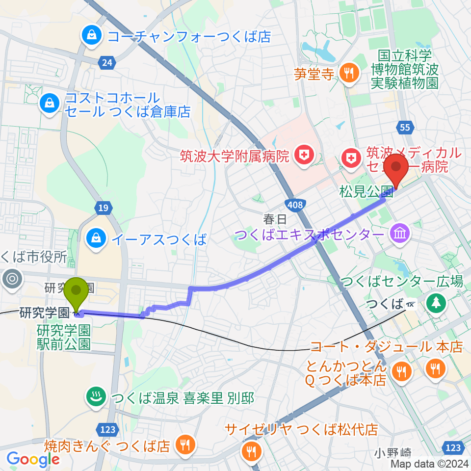 研究学園駅からClub OctBaSSへのルートマップ地図