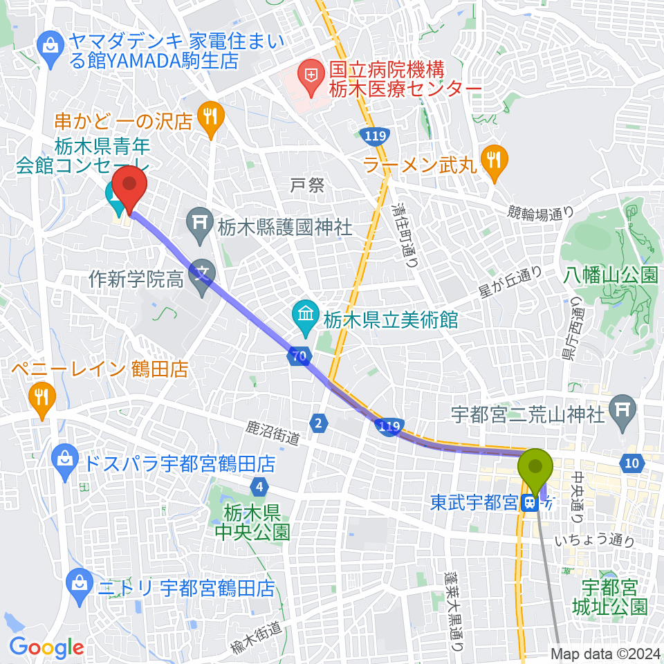 栃木県教育会館の最寄駅東武宇都宮駅からの徒歩ルート（約46分）地図