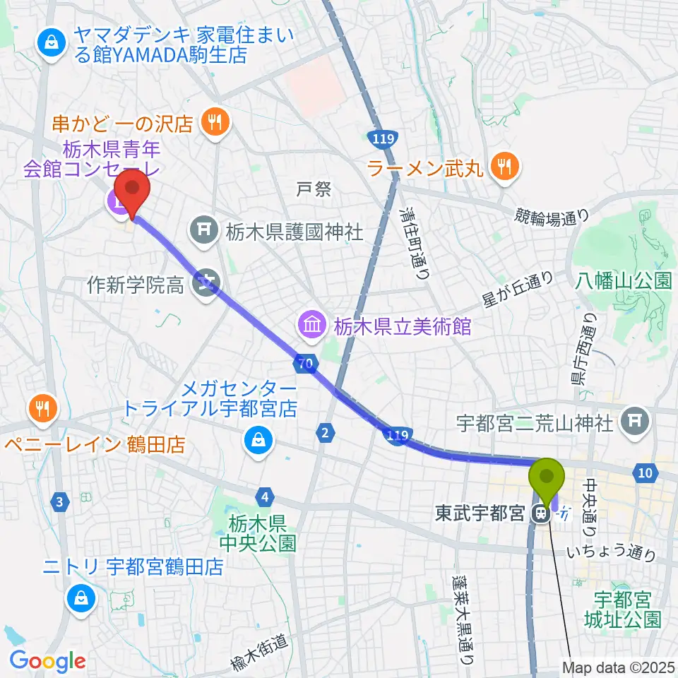 栃木県教育会館の最寄駅東武宇都宮駅からの徒歩ルート（約46分）地図