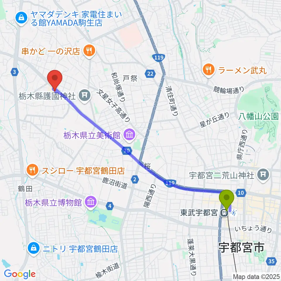 栃木県教育会館の最寄駅東武宇都宮駅からの徒歩ルート（約46分）地図