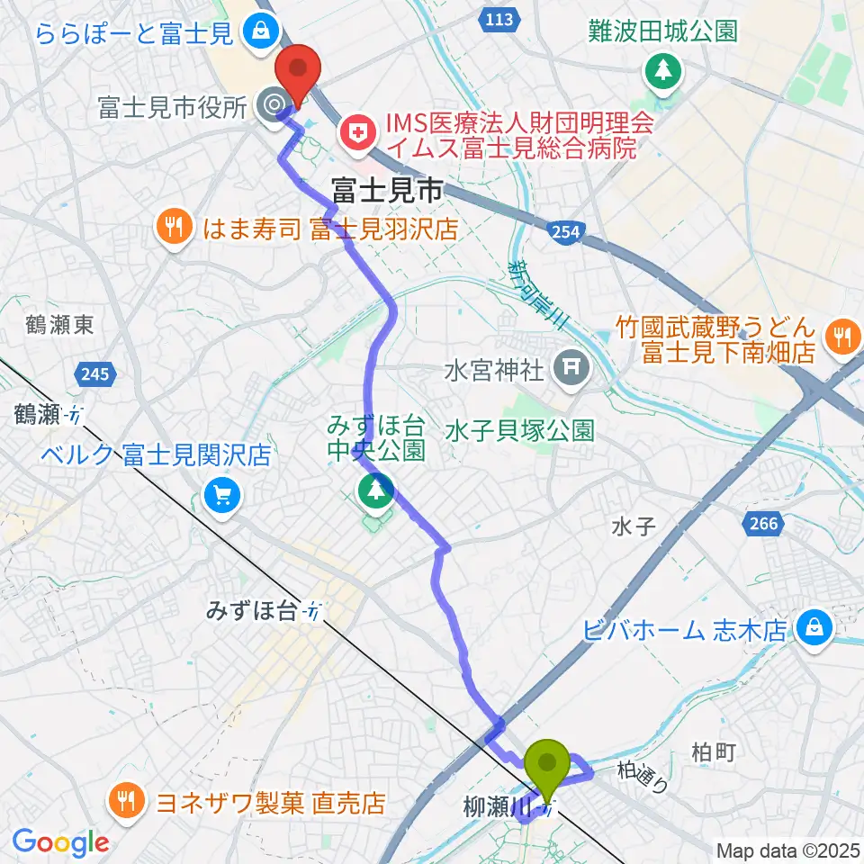 柳瀬川駅から富士見市民文化会館キラリふじみへのルートマップ地図