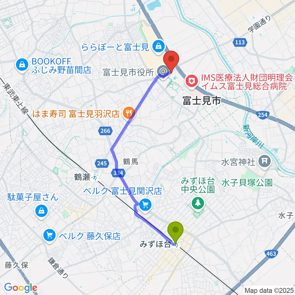 みずほ台駅から富士見市民文化会館キラリふじみへのルートマップ地図