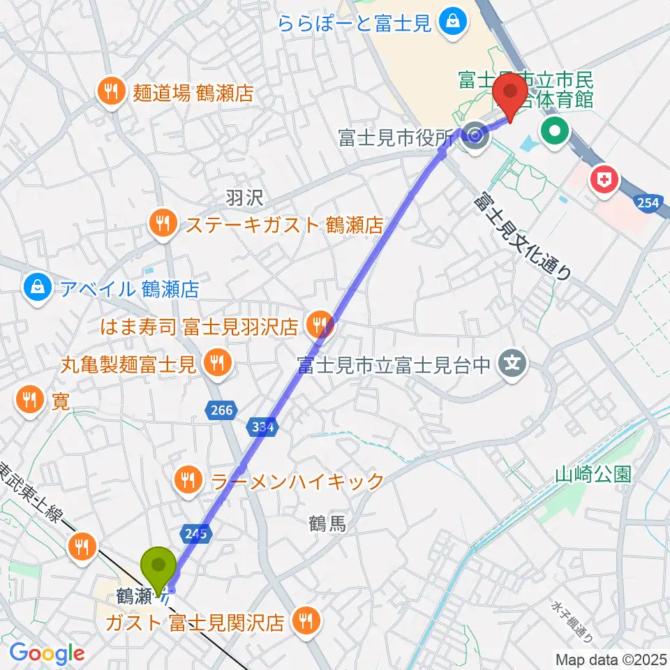 富士見市民文化会館キラリふじみの最寄駅鶴瀬駅からの徒歩ルート（約27分）地図