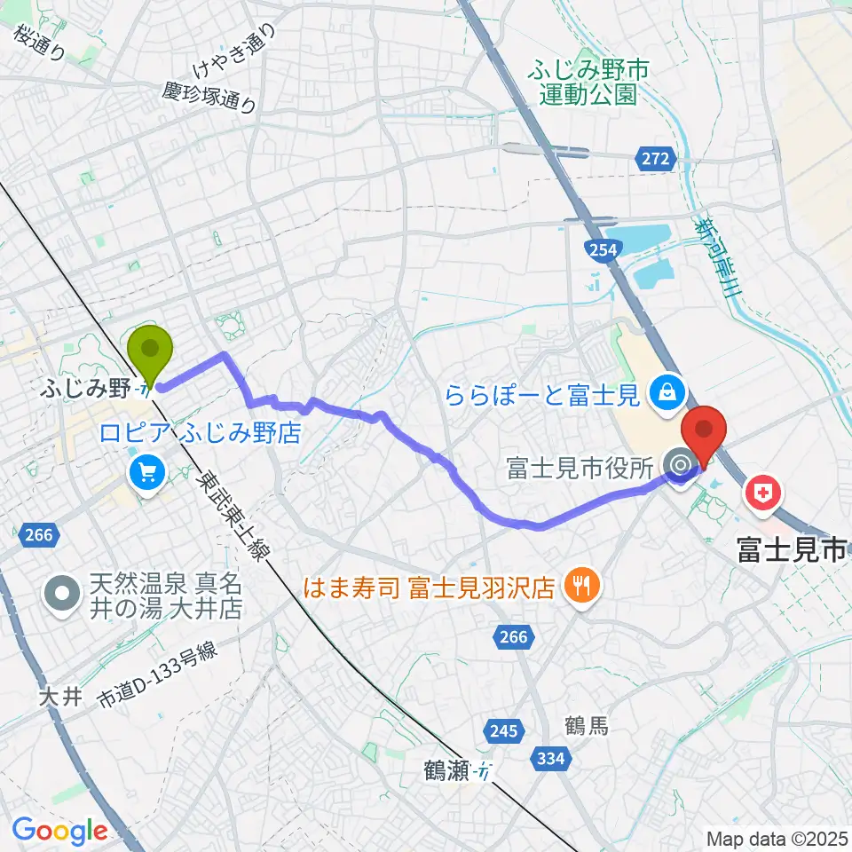 ふじみ野駅から富士見市民文化会館キラリふじみへのルートマップ地図