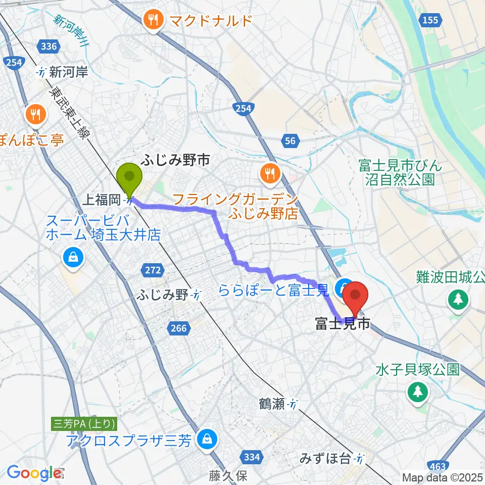 上福岡駅から富士見市民文化会館キラリふじみへのルートマップ地図