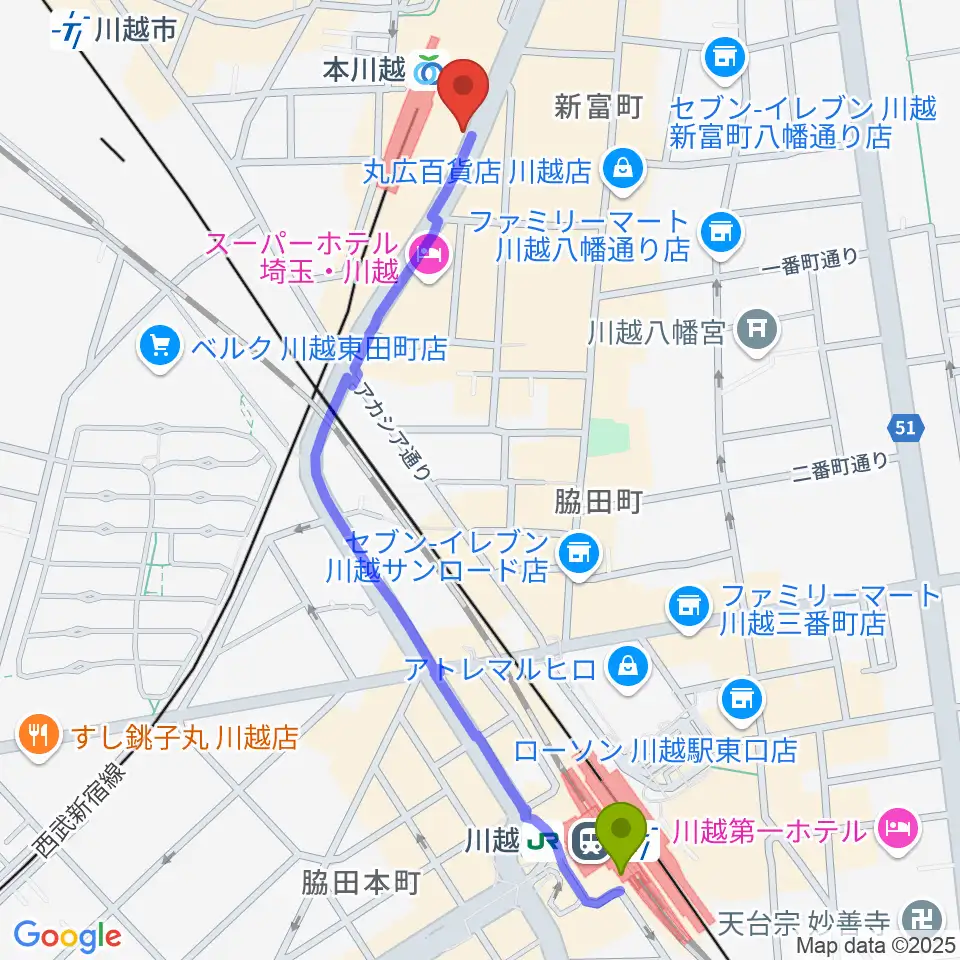 川越駅から川越ステップヘブンへのルートマップ地図