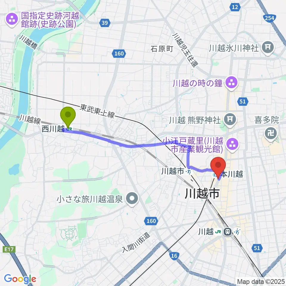 西川越駅から川越ステップヘブンへのルートマップ地図