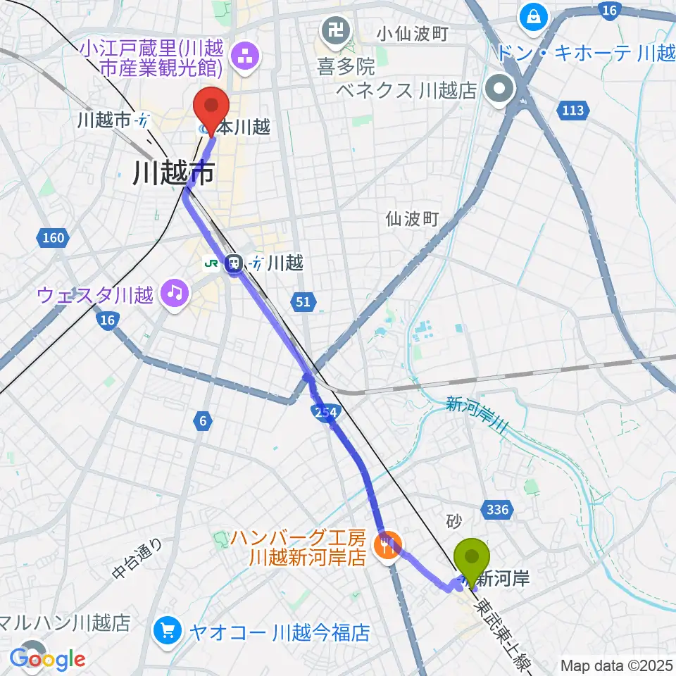 新河岸駅から川越ステップヘブンへのルートマップ地図