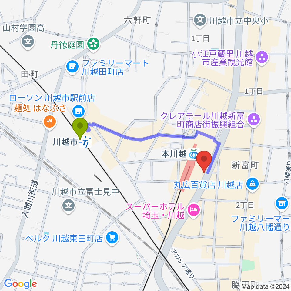 川越市駅から川越Step Heaven（ステップヘブン）へのルートマップ地図