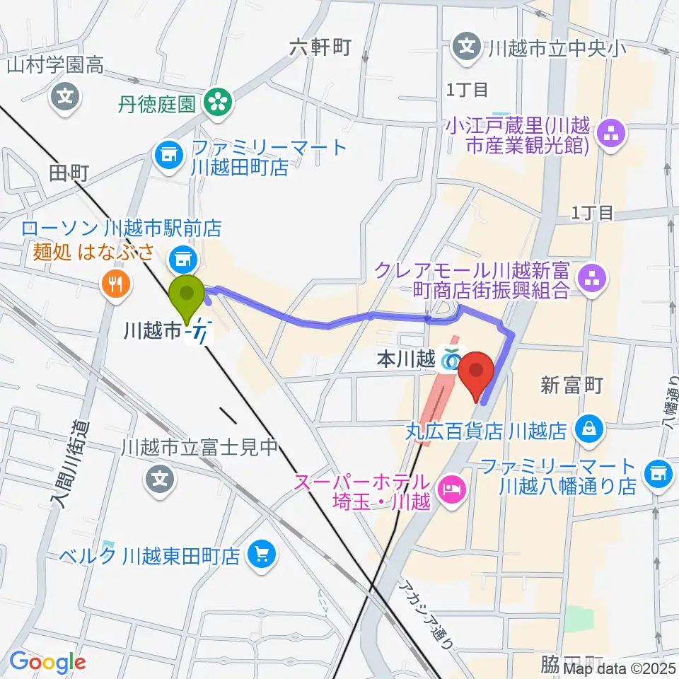 川越市駅から川越ステップヘブンへのルートマップ地図