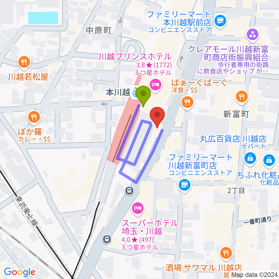 川越ステップヘブンの最寄駅本川越駅からの徒歩ルート（約1分）地図