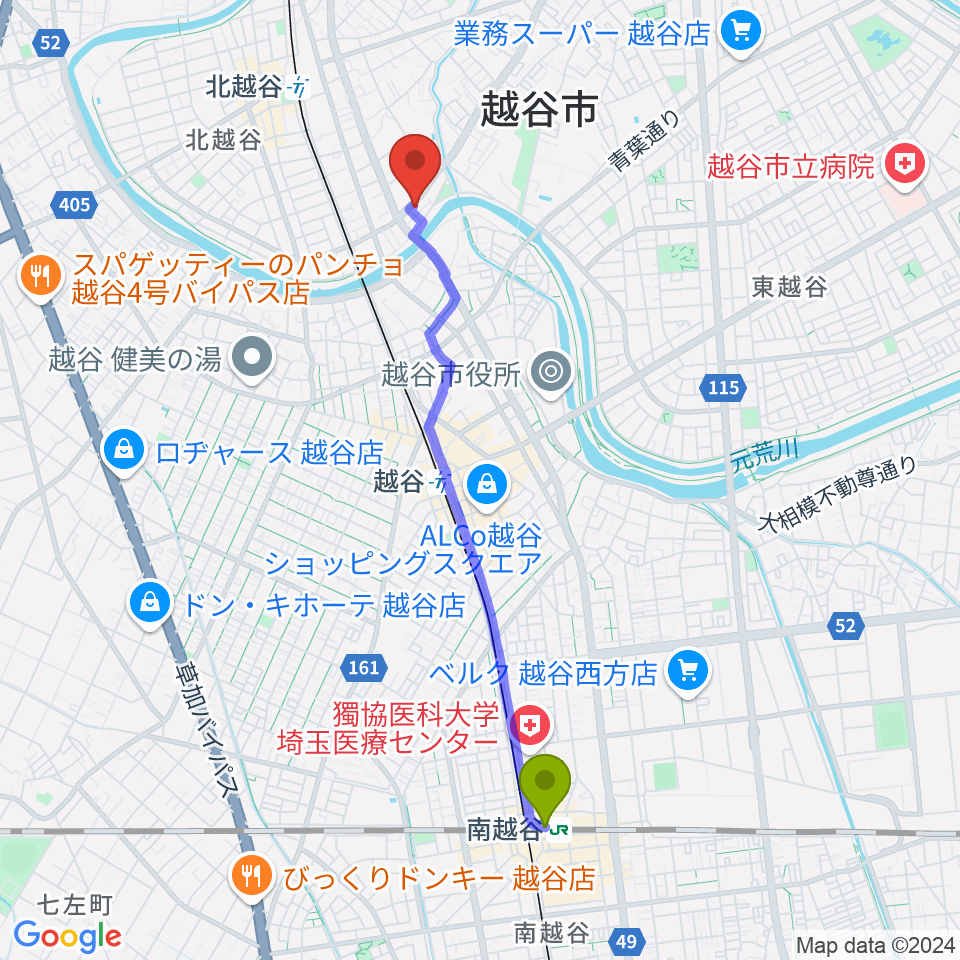 南越谷駅から北越谷おーるどタイムへのルートマップ地図