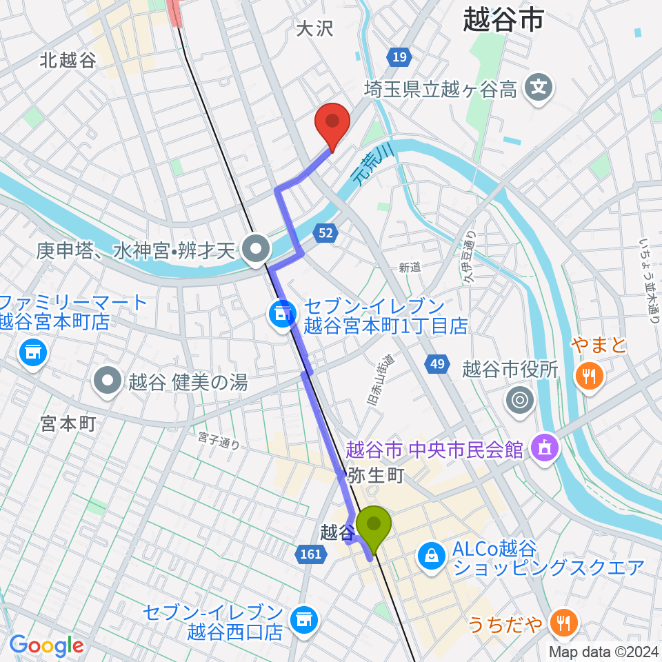 越谷駅から北越谷おーるどタイムへのルートマップ地図