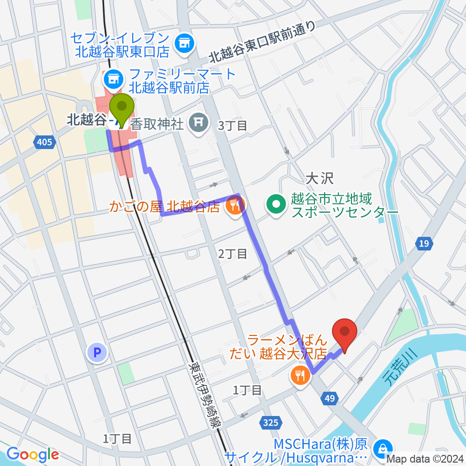 北越谷おーるどタイムの最寄駅北越谷駅からの徒歩ルート（約11分）地図