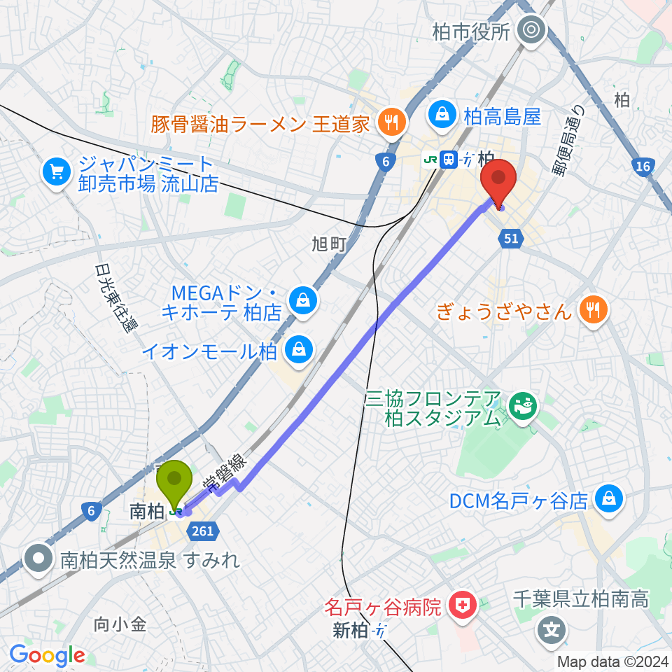 南柏駅から柏PALOOZAへのルートマップ地図