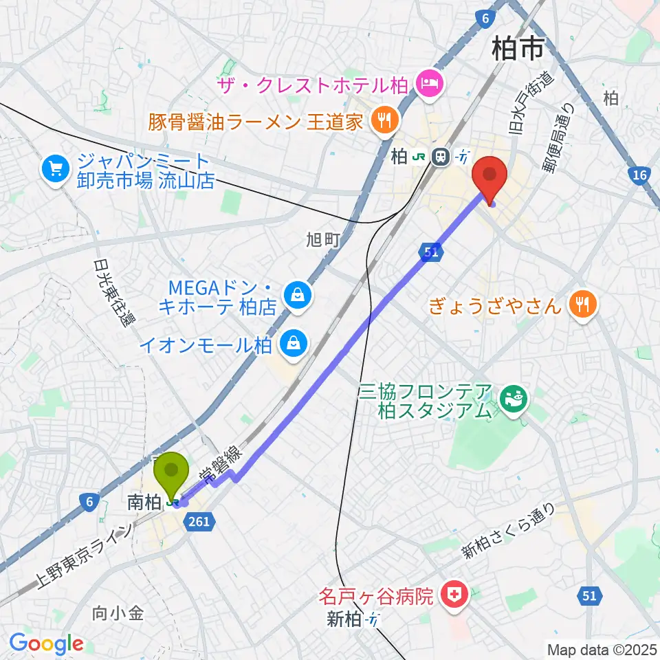 南柏駅から柏PALOOZAへのルートマップ地図