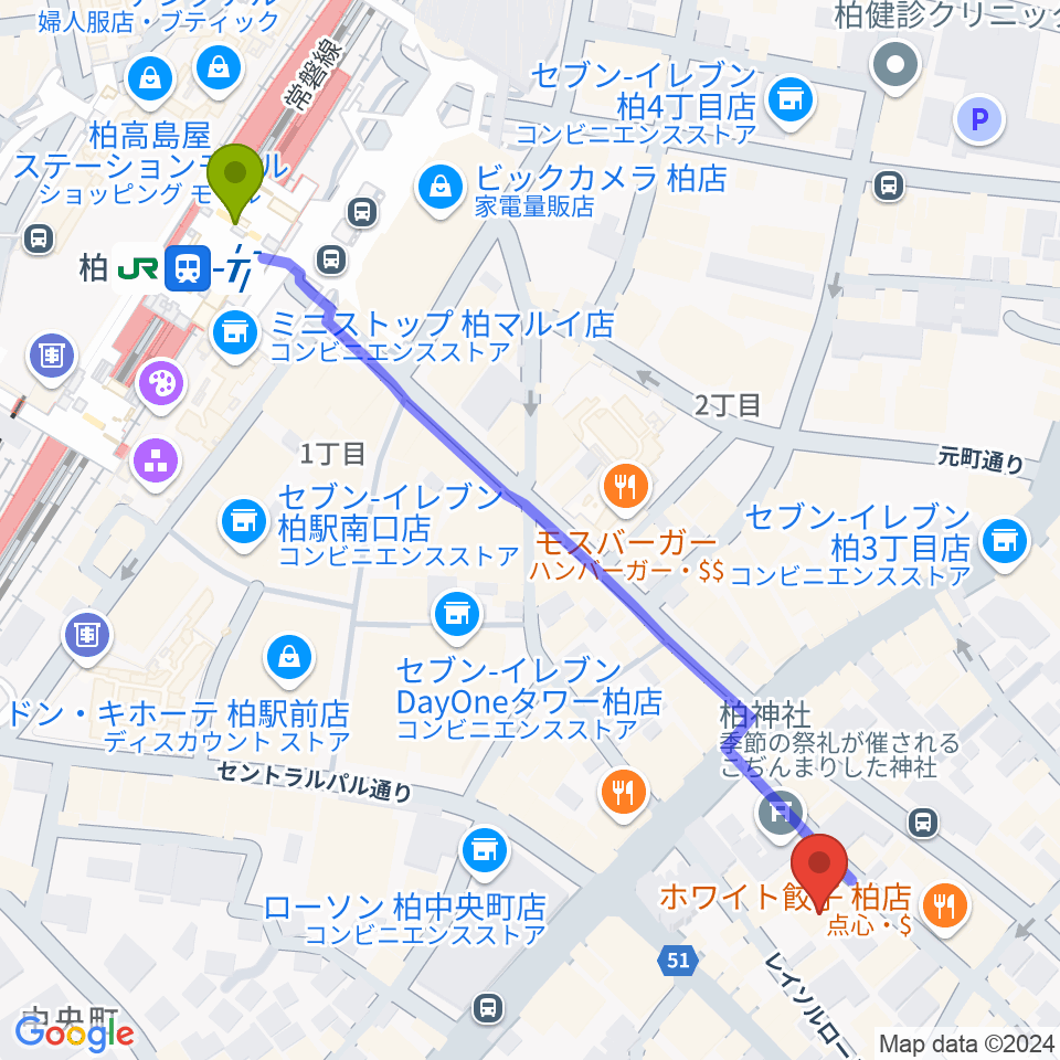 柏PALOOZAの最寄駅柏駅からの徒歩ルート（約7分）地図