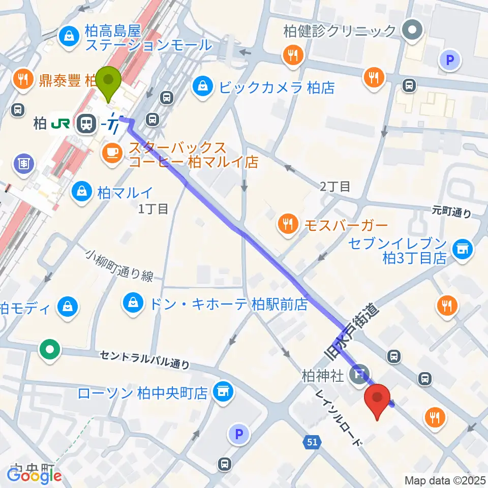柏PALOOZAの最寄駅柏駅からの徒歩ルート（約7分）地図
