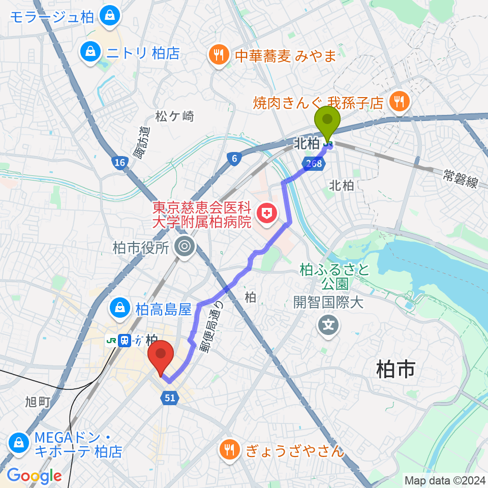 北柏駅から柏PALOOZAへのルートマップ地図