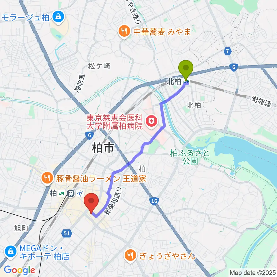 北柏駅から柏PALOOZAへのルートマップ地図