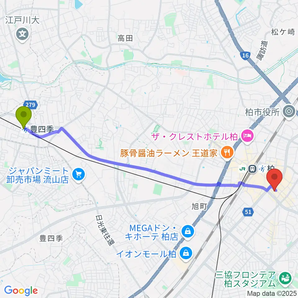 豊四季駅から柏PALOOZAへのルートマップ地図