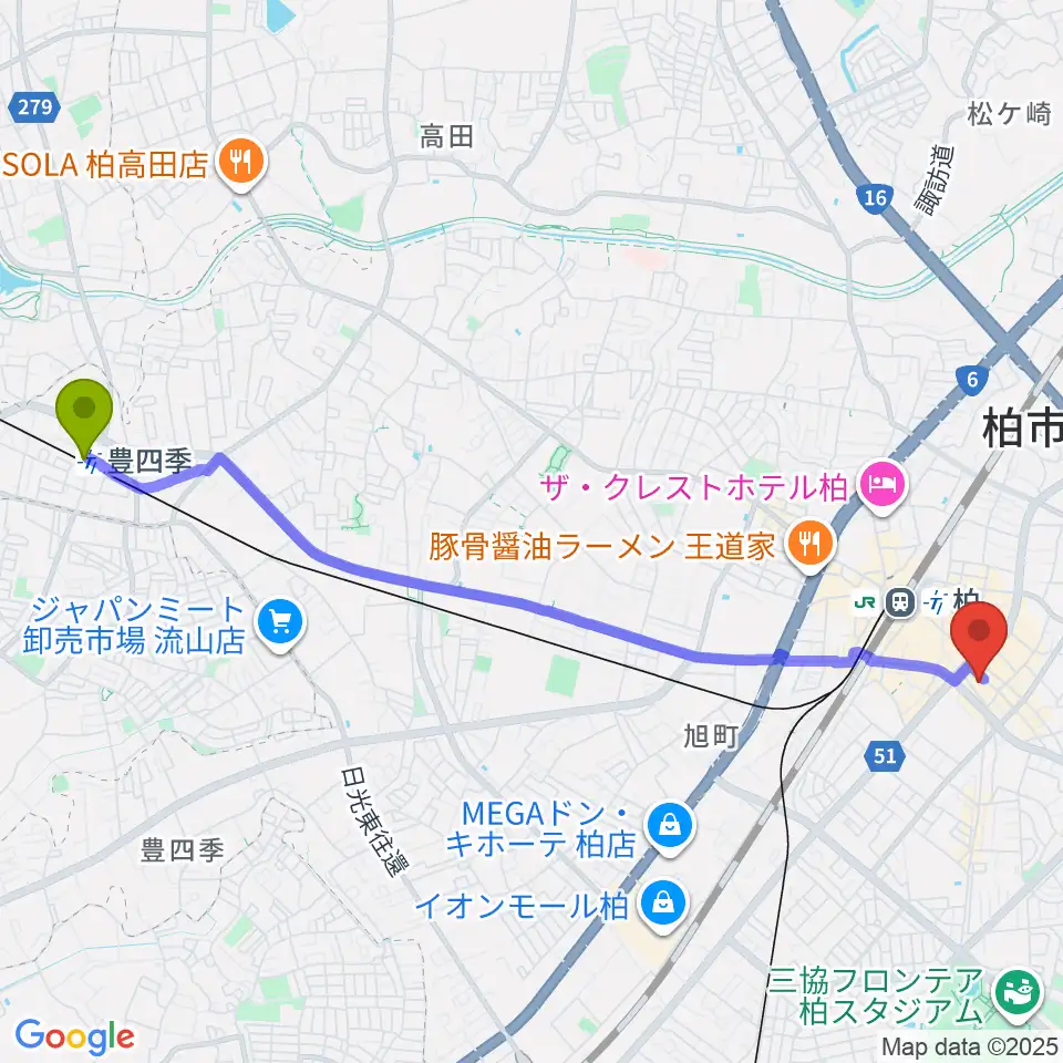 豊四季駅から柏PALOOZAへのルートマップ地図