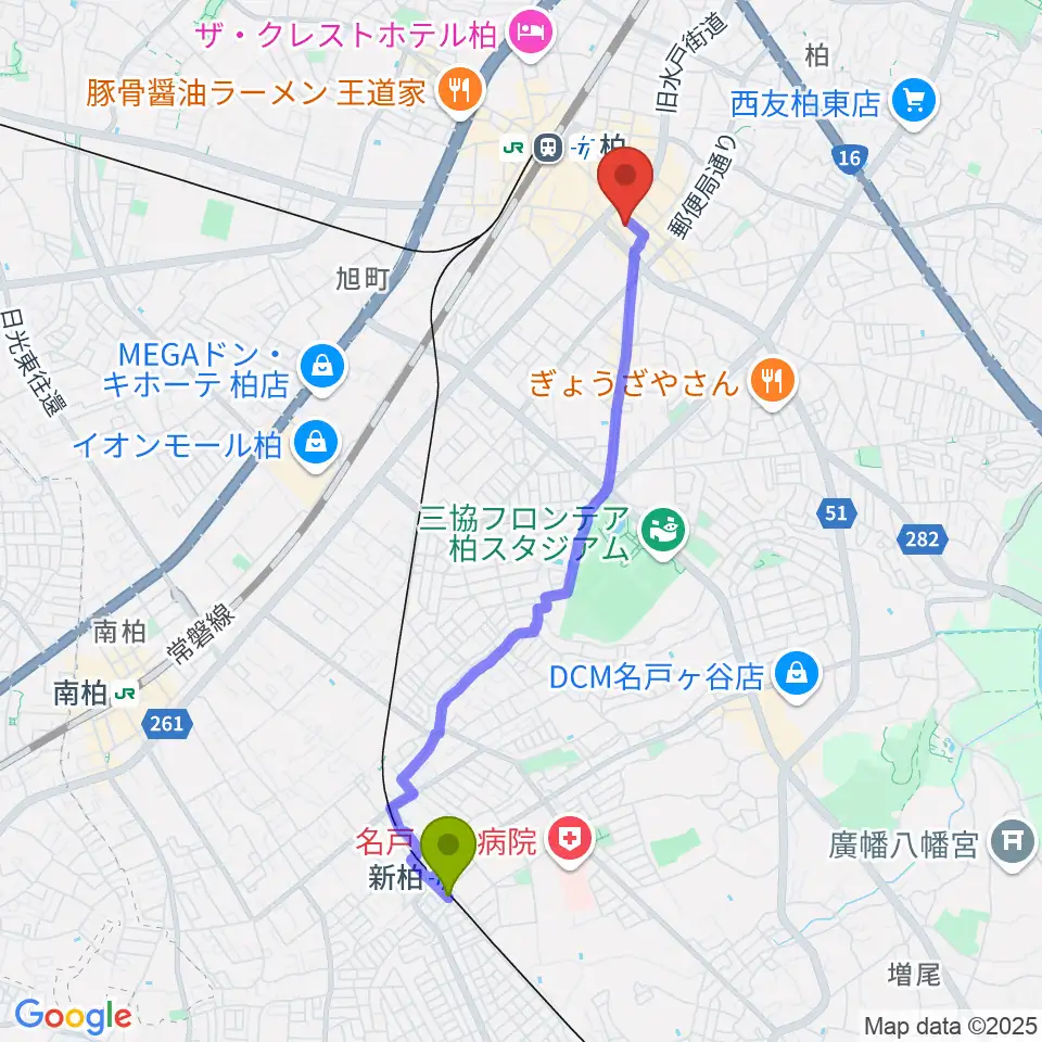 新柏駅から柏PALOOZAへのルートマップ地図