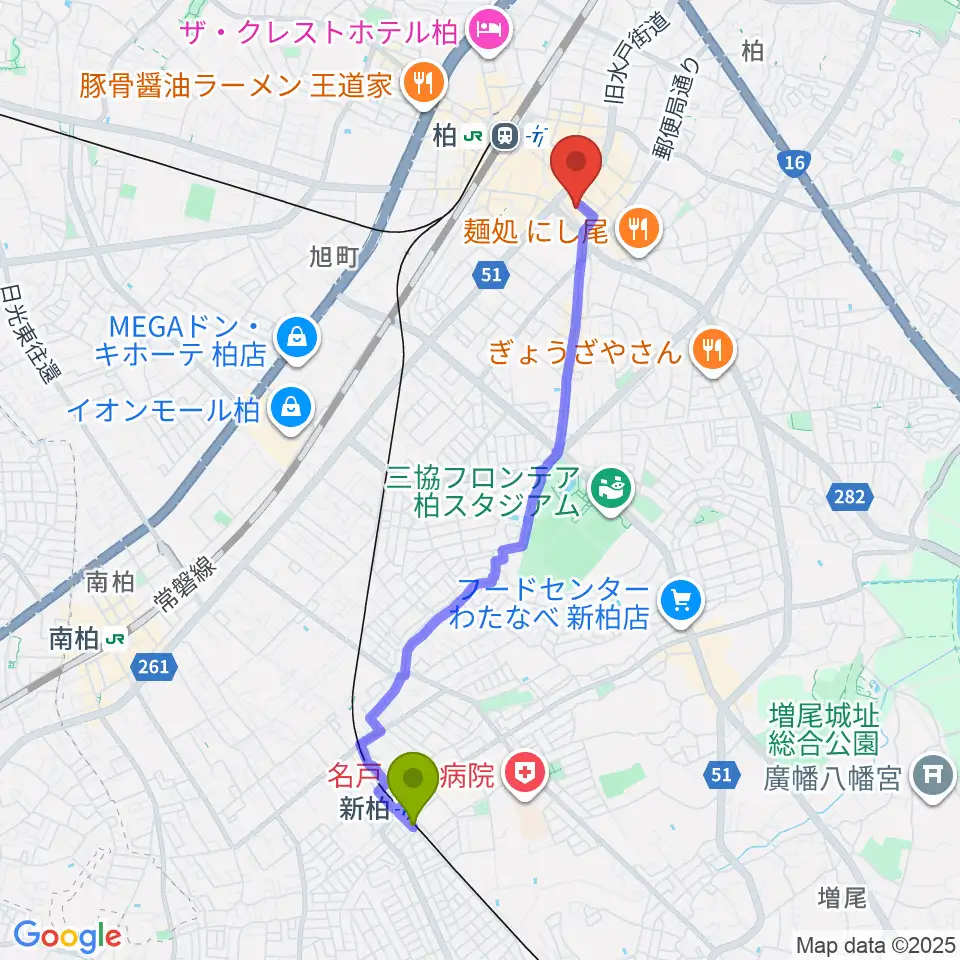 新柏駅から柏PALOOZAへのルートマップ地図