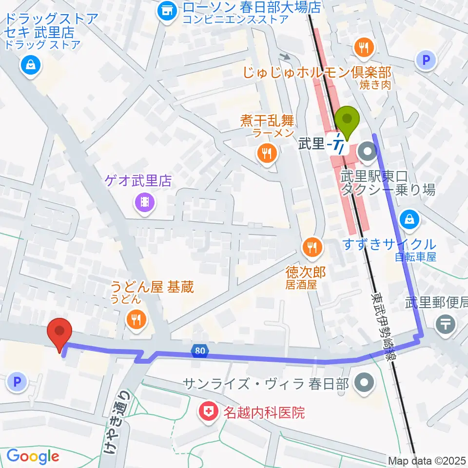 小宅楽器の最寄駅武里駅からの徒歩ルート（約6分）地図