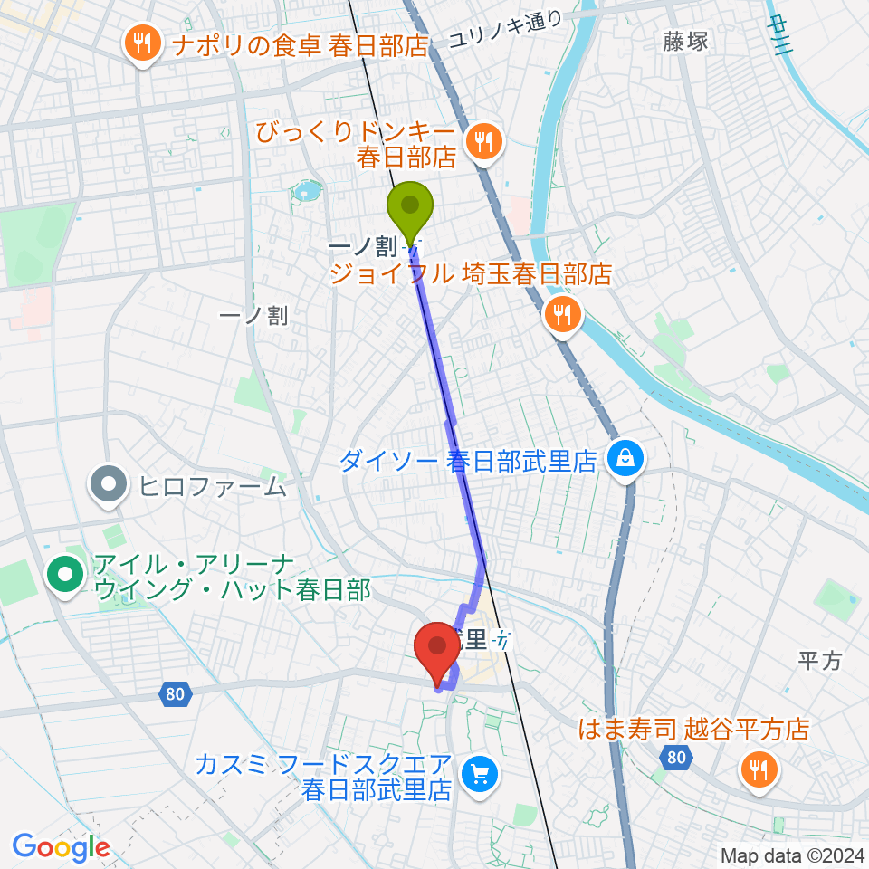 一ノ割駅から小宅楽器へのルートマップ地図