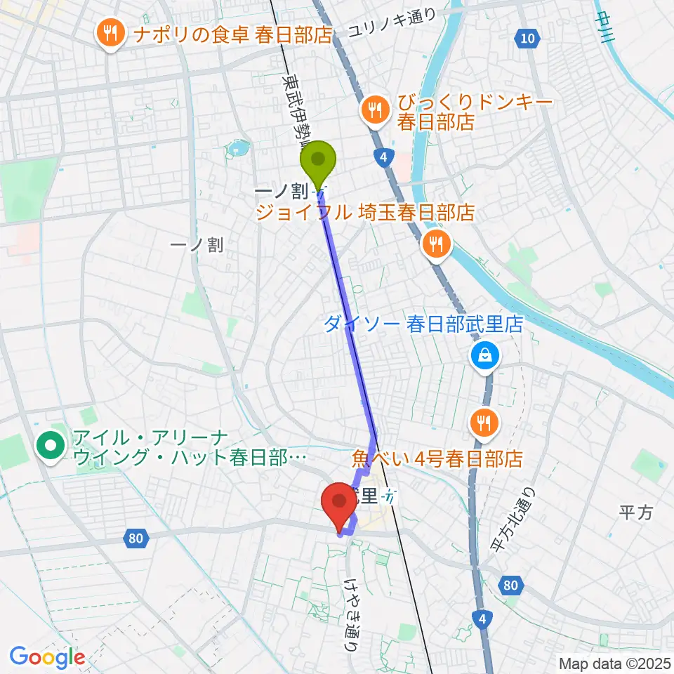 一ノ割駅から小宅楽器へのルートマップ地図