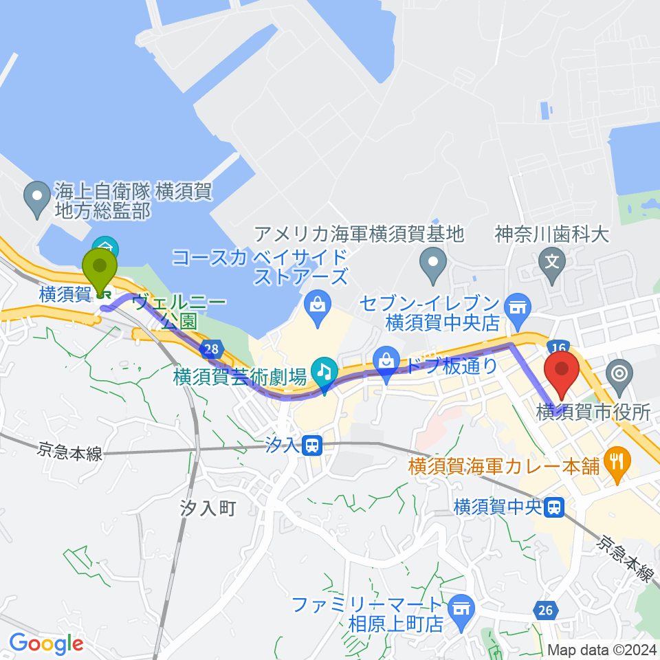 横須賀駅から横須賀ヤンガーザンイエスタディへのルートマップ地図