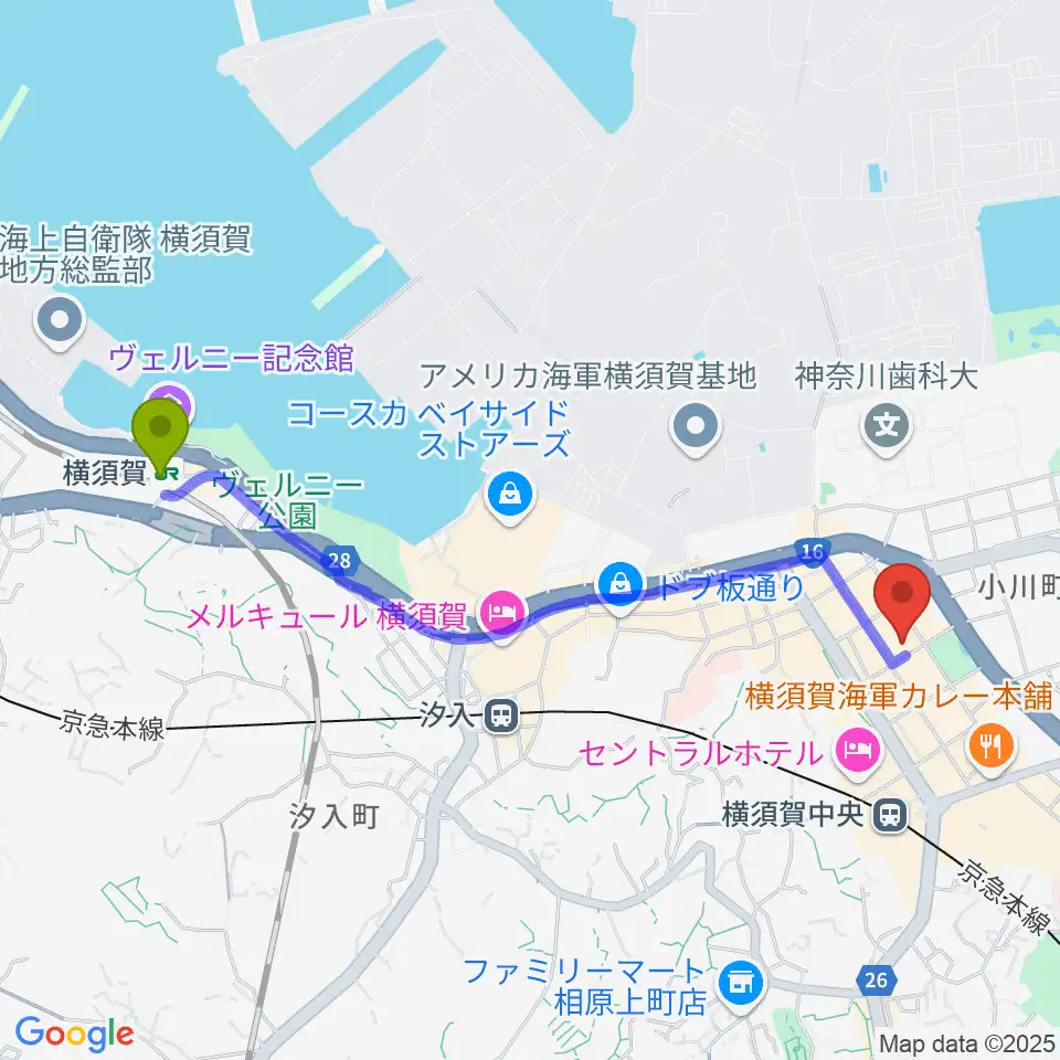 横須賀駅から横須賀ヤンガーザンイエスタディへのルートマップ地図