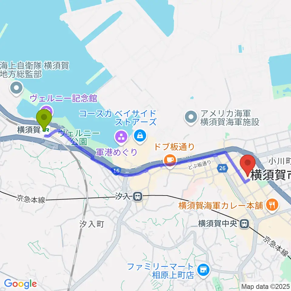 横須賀駅から横須賀ヤンガーザンイエスタディへのルートマップ地図
