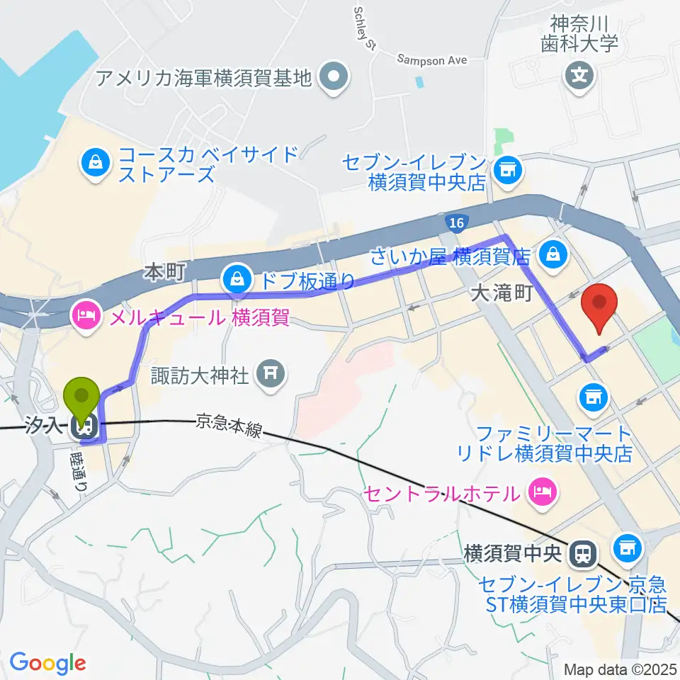 汐入駅から横須賀ヤンガーザンイエスタディへのルートマップ地図