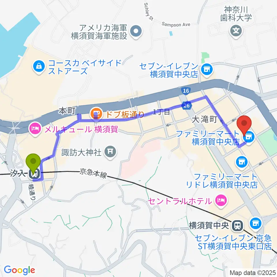 汐入駅から横須賀ヤンガーザンイエスタディへのルートマップ地図