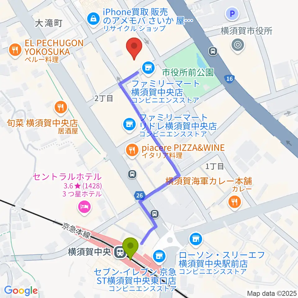 横須賀ヤンガーザンイエスタディの最寄駅横須賀中央駅からの徒歩ルート（約5分）地図