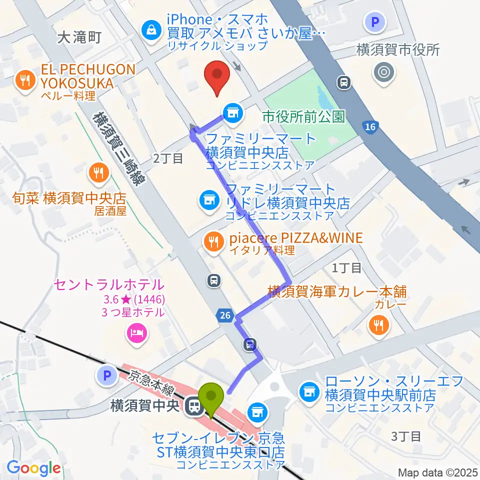 横須賀ヤンガーザンイエスタディの最寄駅横須賀中央駅からの徒歩ルート（約5分）地図