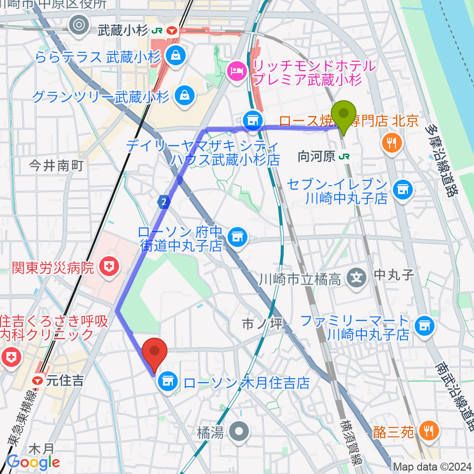 向河原駅から元住吉POWERS2へのルートマップ地図